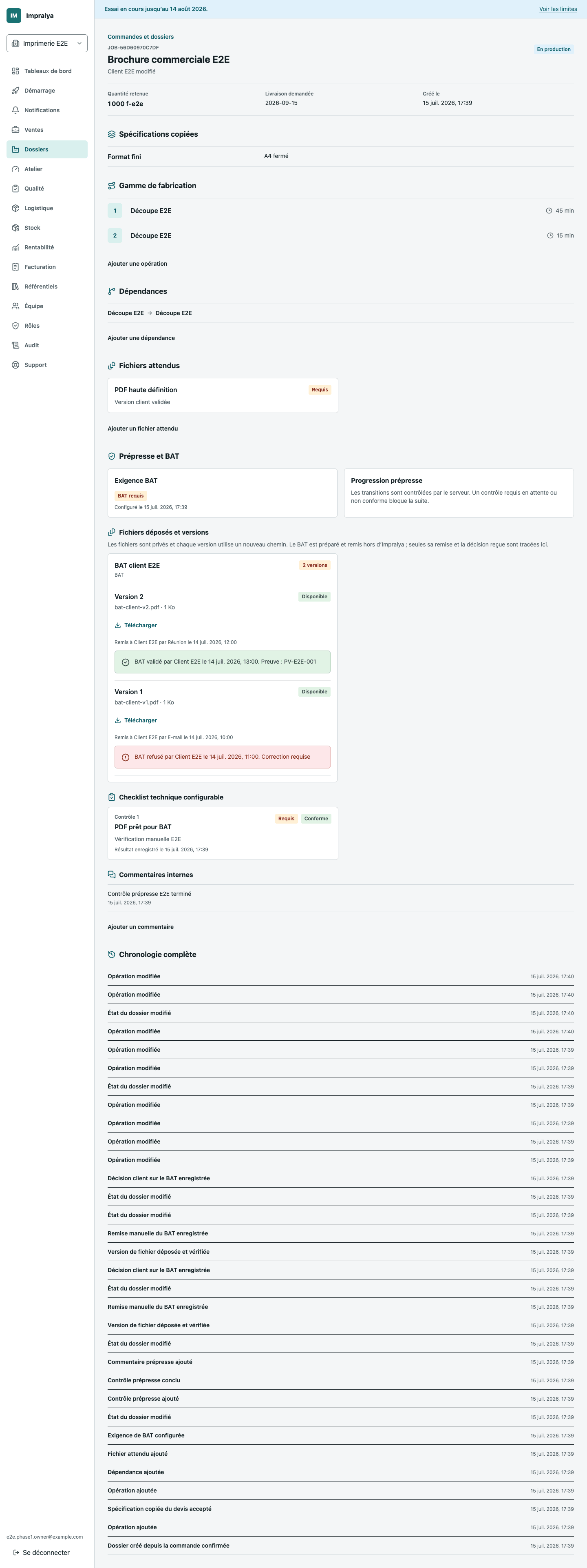 Capture réelle d’un dossier de fabrication dans Impralya